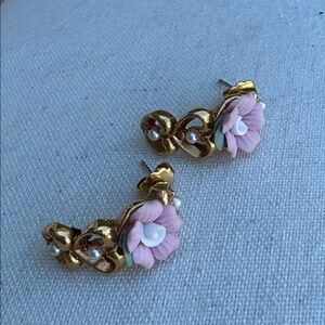 Vintage Avon Gold Tone Earrings with Pink Floral Accents